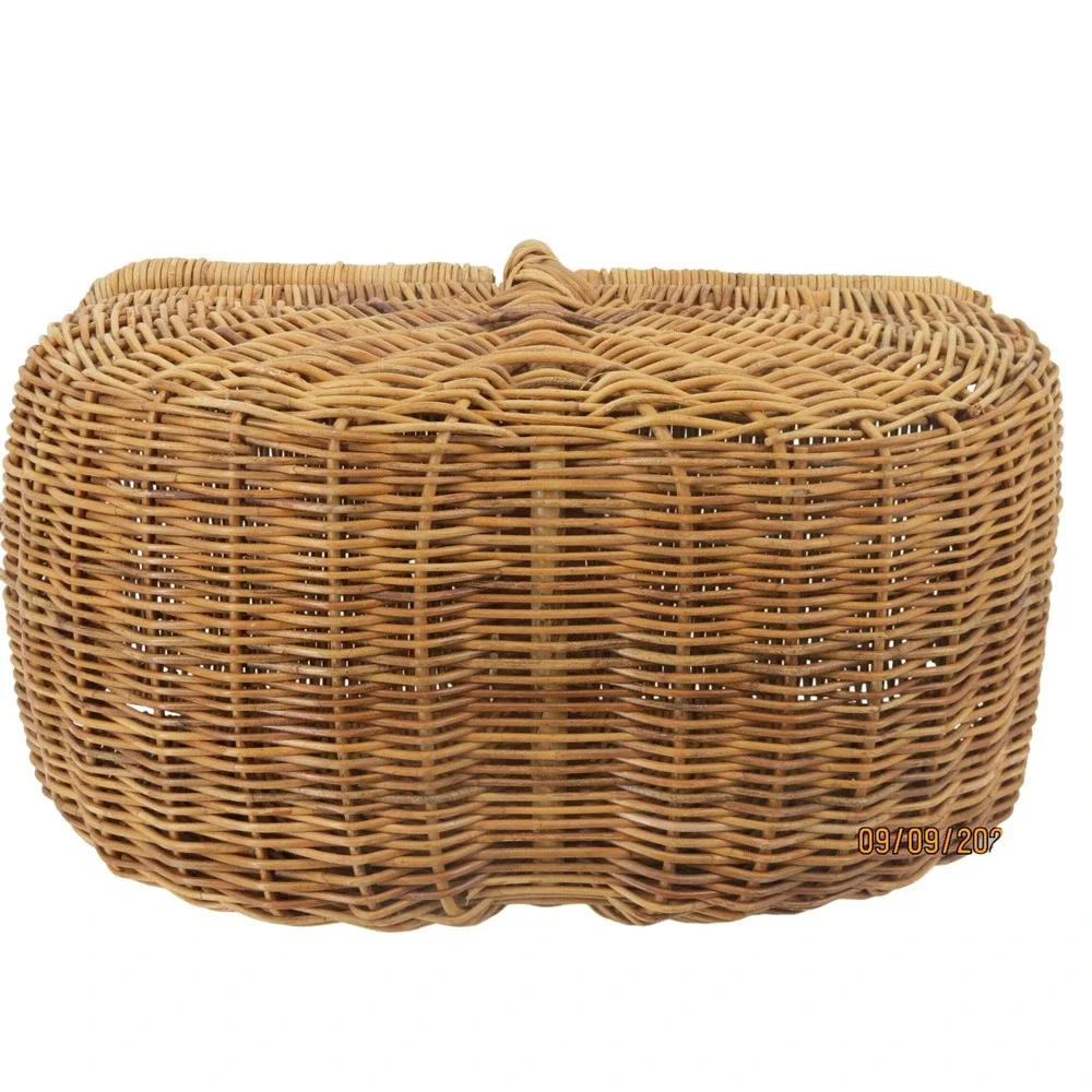 Vintage French Country Wicker Picnic Basket Double Bottom Rattan Hinged Lid